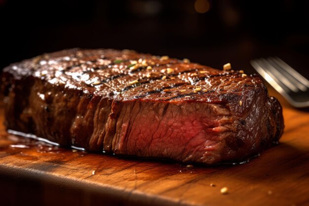 Photo illustration générée par l'ia d'un steak fraîchement cuit servi sur une planche en bois