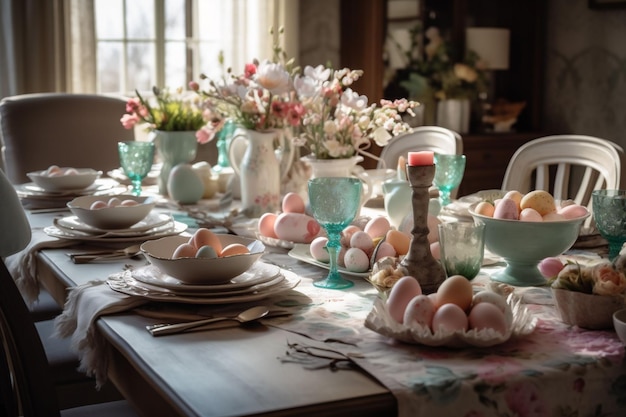 Illustration générée par l'IA d'une table à manger dans un style contemporain décorée pour Pâques