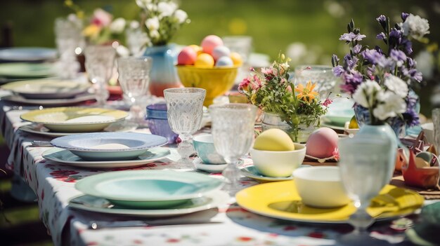 Une illustration générée par l'IA d'une table de Pâques avec des œufs colorés, des assiettes, des verres et des arrangements de fleurs