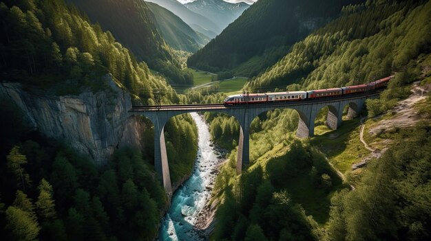 Illustration générée par l'IA d'un train voyageant le long d'un pont au-dessus d'une rivière entourée de montagnes