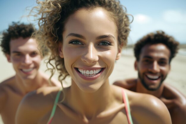 Illustration générée par l'IA de trois jeunes adultes debout ensemble sur une plage par une journée ensoleillée