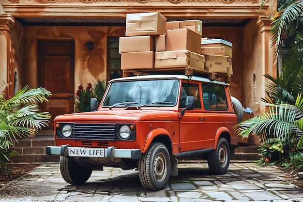 Photo illustration générée par l'ia d'une voiture rouge vintage chargée de nombreuses boîtes de déménagement sur le toit