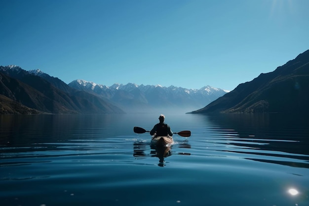 Une illustration générée par l'intelligence artificielle d'un homme dans un kayak pagayant tranquillement vers des montagnes majestueuses.