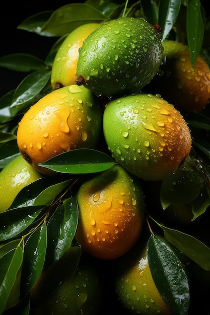 Une illustration générée par l'intelligence artificielle d'un mélange vibrant d'oranges verts et de mangues humides orne un arbre