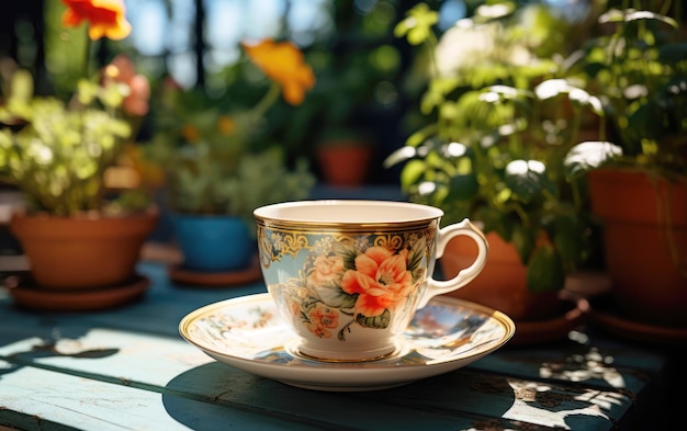 Photo illustration générée d'une tasse de thé victorienne sur table avec une plante en pot de rose contre le soleil du matin
