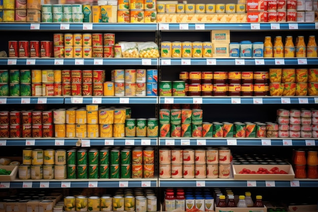 illustration générée variété d'aliments en conserve affichés sur étagère à vendre au supermarché