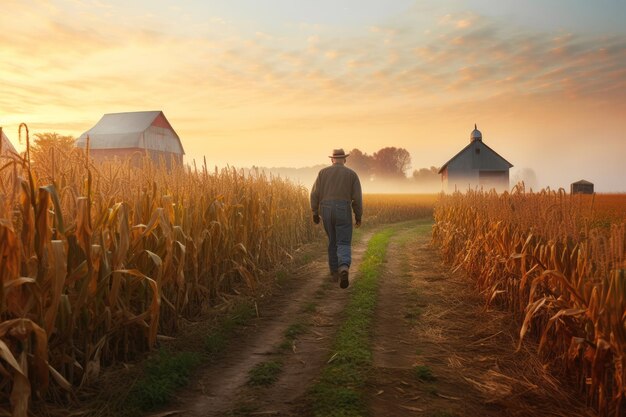 illustration générée de la vue arrière d'un fermier se promène le long d'un champ de maïs le soir