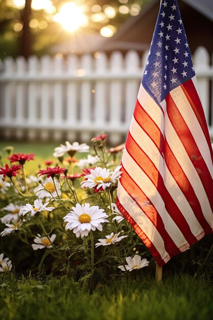 illustration générée d'une vue à faible angle de petits drapeaux des États-Unis dans un parterre de fleurs