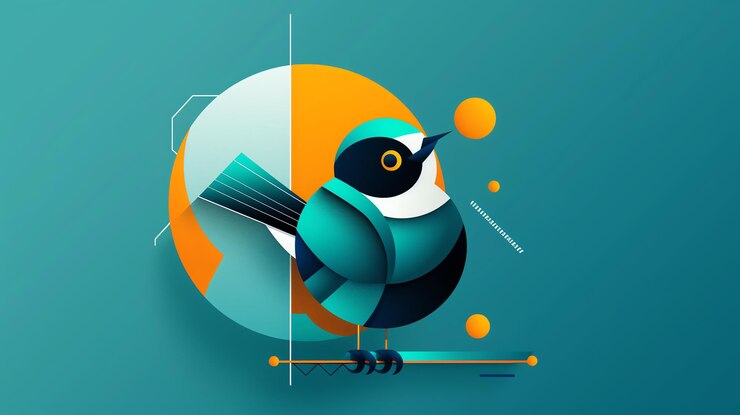 Photo illustration géométrique stylisée d'un oiseau dans des tons bleus et orange avec des éléments de conception abstraits modernes sur un fond bleu turquoise