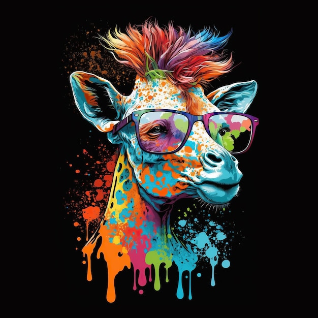 Photo illustration girafe aux cheveux arc-en-ciel portant des lunettes de soleil, dessin animé comique, t-shirt designe