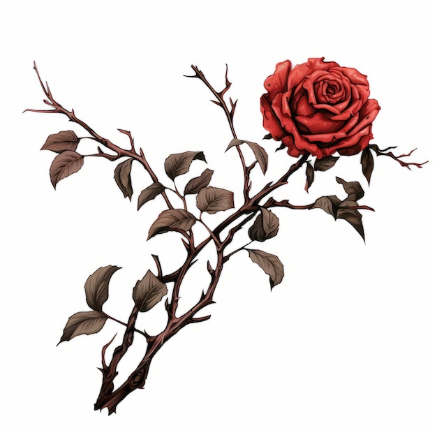 Photo illustration gothique réaliste d'une rose sur une branche tordue
