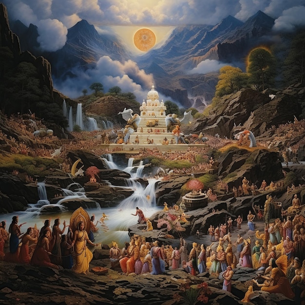 illustration de Govardhan Puja et adorant la montagne