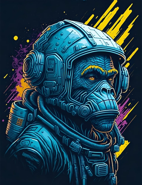 Illustration graffiti colorée d'un singe dans une combinaison spatiale couleur vibrante très détaillée