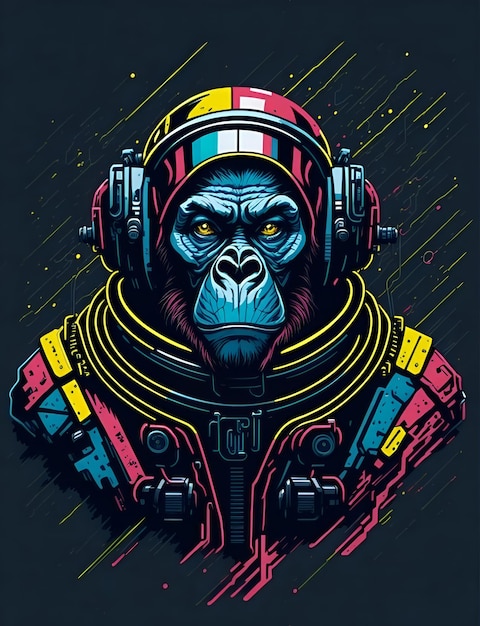 Illustration graffiti colorée d'un singe dans une combinaison spatiale couleur vibrante très détaillée