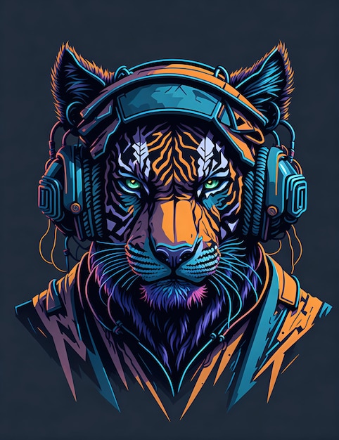 Illustration graffiti colorée d'un tigre en tant que DJ portant des écouteurs aux couleurs vives Art numérique