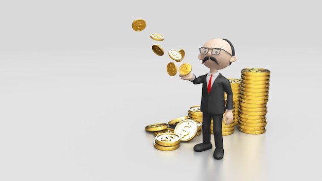 Illustration d'un grand patron entouré de pièces et de pièces d'un dollar tombant dans la paume