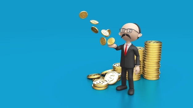 Illustration d'un grand patron entouré de pièces et de pièces d'un dollar tombant dans la paume