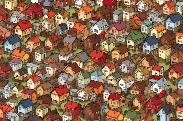 une illustration à grande échelle d'un village coloré.