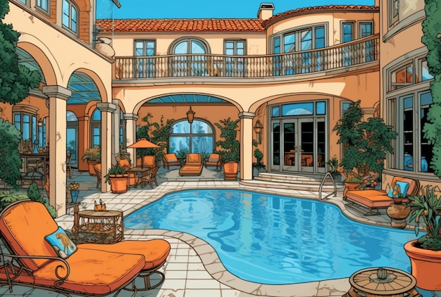 illustration d'une grande piscine avec des meubles de patio et une table de patio ai générative