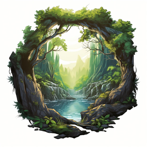 Illustration graphique d'aventure de paysage forestier Montagne avec motif imprimé forêt de pins et rivière