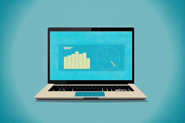 Illustration graphique sur écran d'ordinateur portable, fond bleu. IA générative