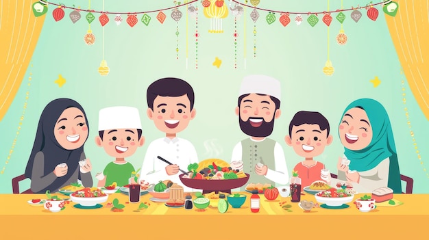 Illustration graphique d'une famille mangeant ensemble pour célébrer l'Aïd al-Fitr Image générée par l'IA