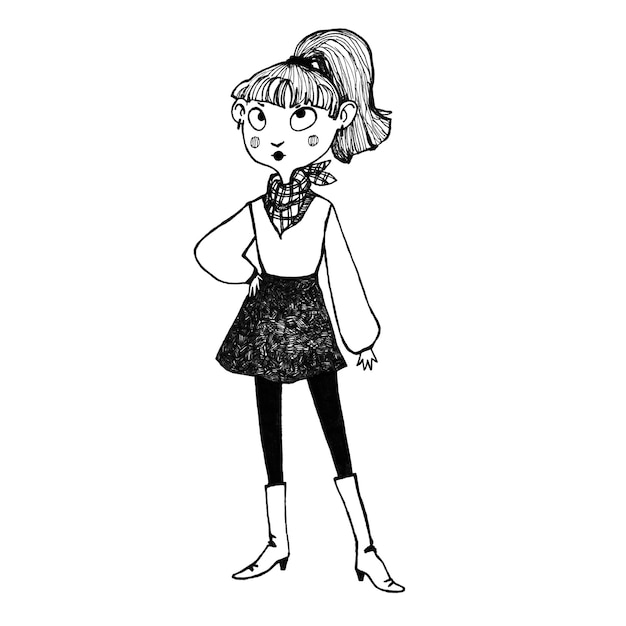 Illustration graphique d'une fille dans un pull et une jupe à écharpe et des bottes à la mode