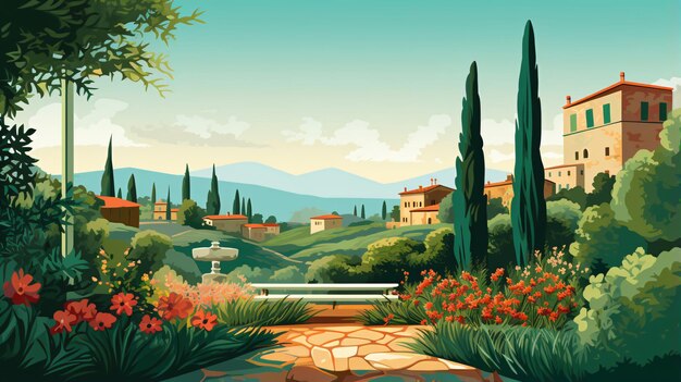 Illustration graphique d'un jardin de Toscane