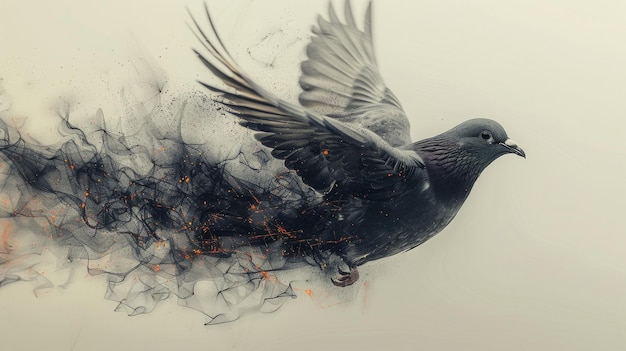 Illustration graphique d'un pigeon volant à travers des lignes, des triangles et des particules