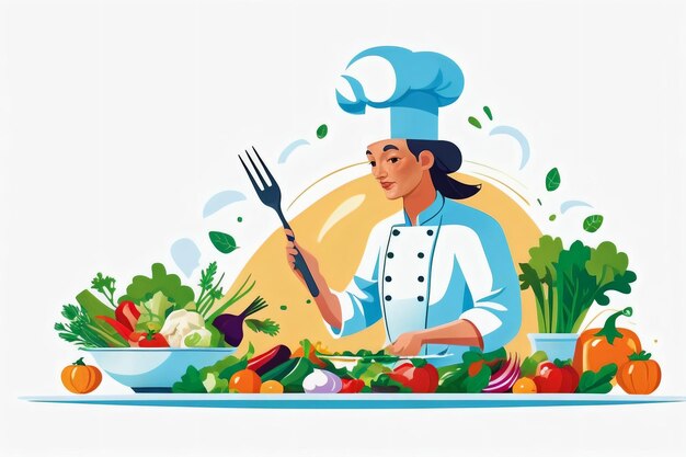 Illustration graphique plate d'un chef cuisinant un repas avec des légumes frais en arrière-plan