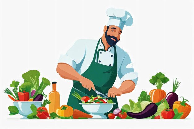 Photo illustration graphique plate d'un chef cuisinant un repas avec des légumes frais en arrière-plan
