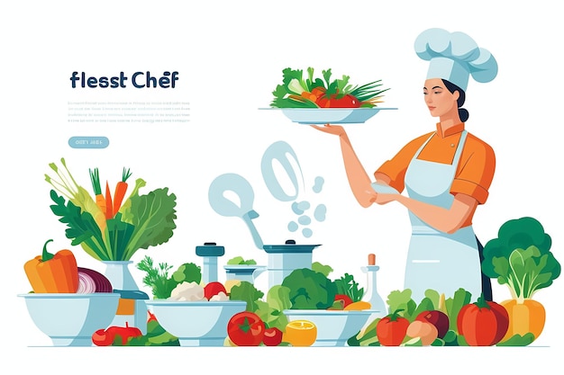 Illustration graphique plate d'un chef cuisinant un repas avec des légumes frais en arrière-plan