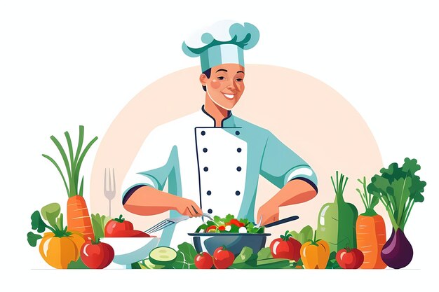 Photo illustration graphique plate d'un chef cuisinant un repas avec des légumes frais en arrière-plan