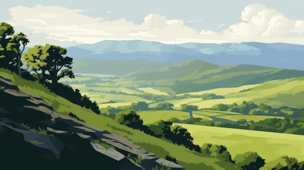 une illustration graphique très détaillée d'une montagne dans la campagne du sud, créée à partir d'une photographie. ce tableau, dans le style des scènes de la campagne anglaise, présente des blocs de couleurs plats et a été