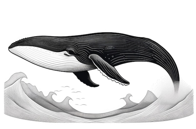 Illustration gravée d'une baleine géante sautant hors de l'eau dans l'océan
