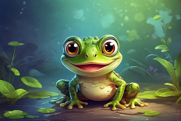 Illustration d'une grenouille verte assise sur le sol dans la forêt