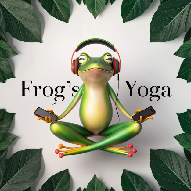 Photo illustration d'une grenouille verte pratiquant le yoga vêtue d'un casque et tenant un smartphone