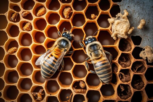 Illustration en gros plan d'abeilles à l'intérieur d'une ruche de miel Génération AI