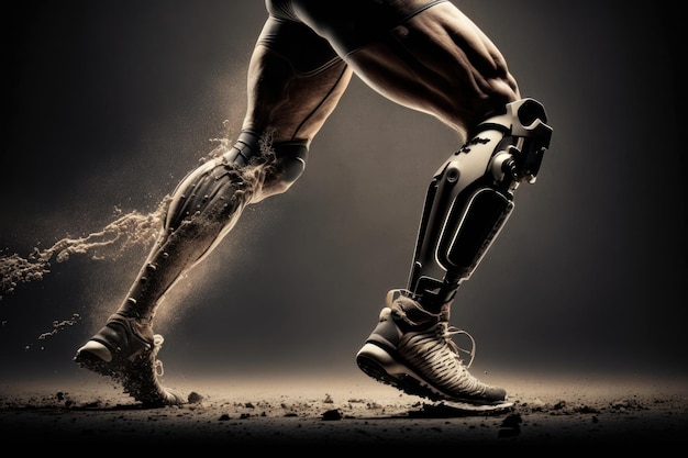 Illustration en gros plan des jambes d'un athlète avec des prothèses dans le style de la future génération AI
