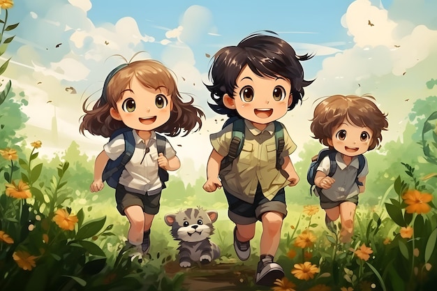 Illustration d'un groupe d'enfants en randonnée dans la forêt avec des fleurs