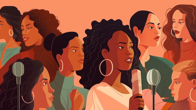 Une illustration d'un groupe de femmes avec des afros sur leurs visages.