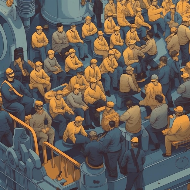 Illustration d'un groupe d'hommes en uniformes jaunes sur un navire génératif ai