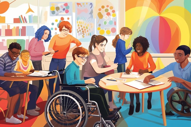 Une illustration d'un groupe de personnes dans une salle de classe avec un fauteuil roulant et une affiche pour une école appelée école.