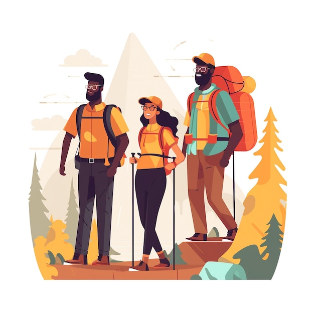 Illustration d'un groupe de personnes en randonnée en montagne