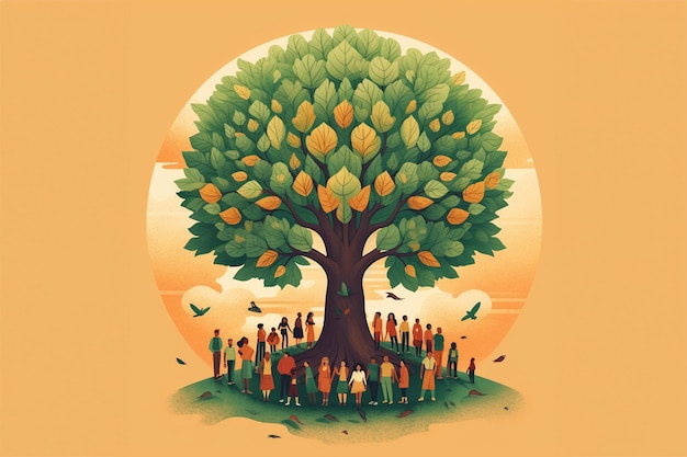 Illustration d'un groupe de personnes se tenant par la main sous un arbre géant