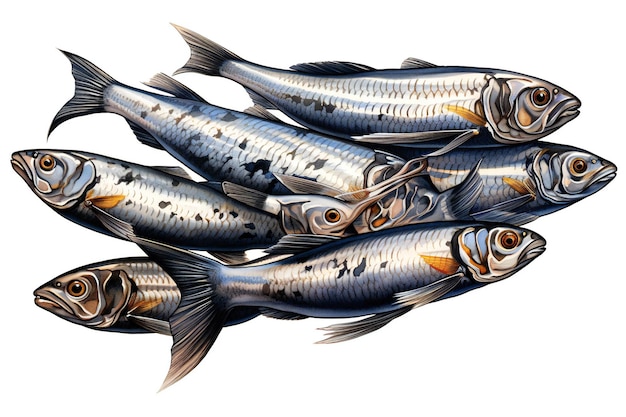 Photo illustration d'un groupe de sardines sur fond blanc