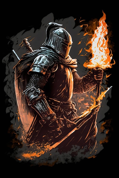 Une illustration d'un guerrier sorcier de feu avec une épée de feu brûlante et un fond de flamme ou un personnage de fantaisie et de jeu