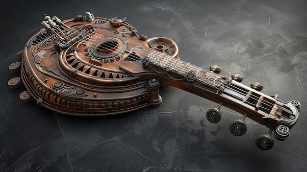Photo une illustration d'une guitare steampunk la guitare est faite de bois et de métal et a un design unique