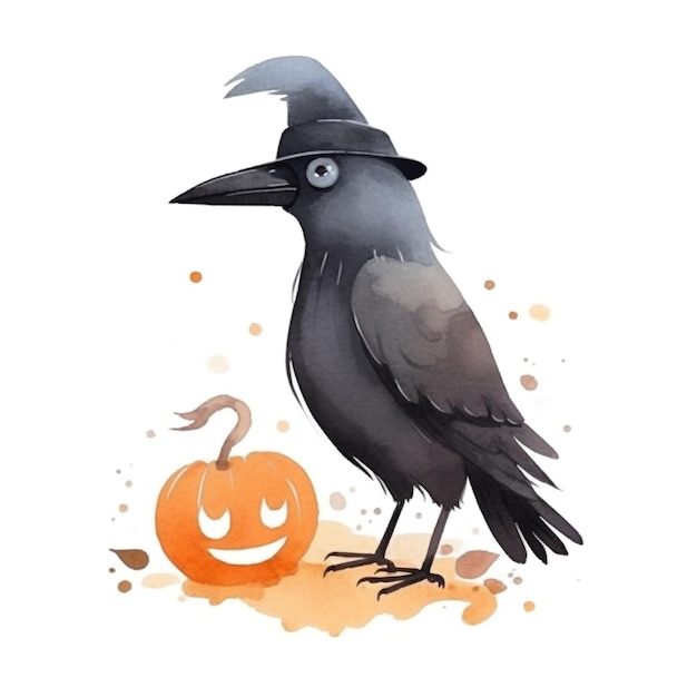 Photo une illustration d'halloween d'un corbeau avec une citrouille dessus