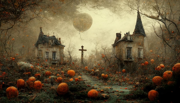 Photo illustration d'halloween maison hantée avec des citrouilles. illustration réaliste du festival d'halloween.